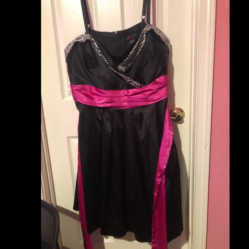 Zebra black satin dress with hot pink band/sash